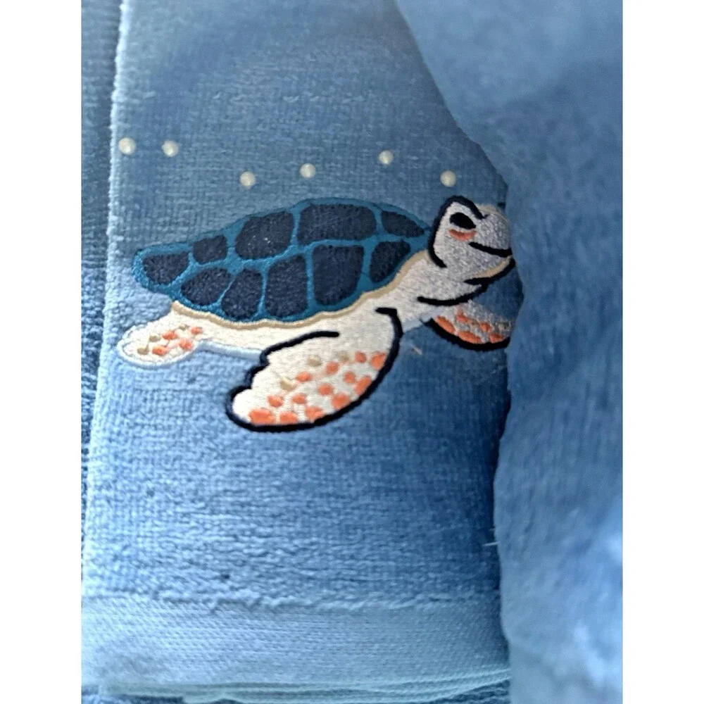 Anchor Sailboats Sea Turtle Embroidered Summer Blue 2 Fingertip 1 Hand Seagulls